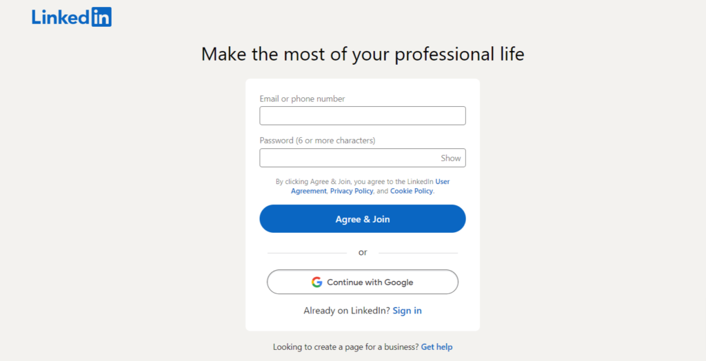 linkedin signup page