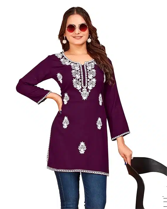 Chikankari Embroidered Short Kurta for Women for jeans