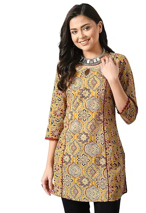 Mustard Color Women's Cotton 3/4 Sleeve Solid Kurta