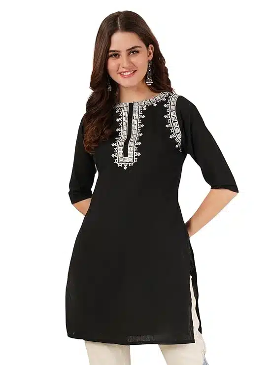 Pure Cotton Embroidered Women Short Kurti Knee Length - Boat Neck