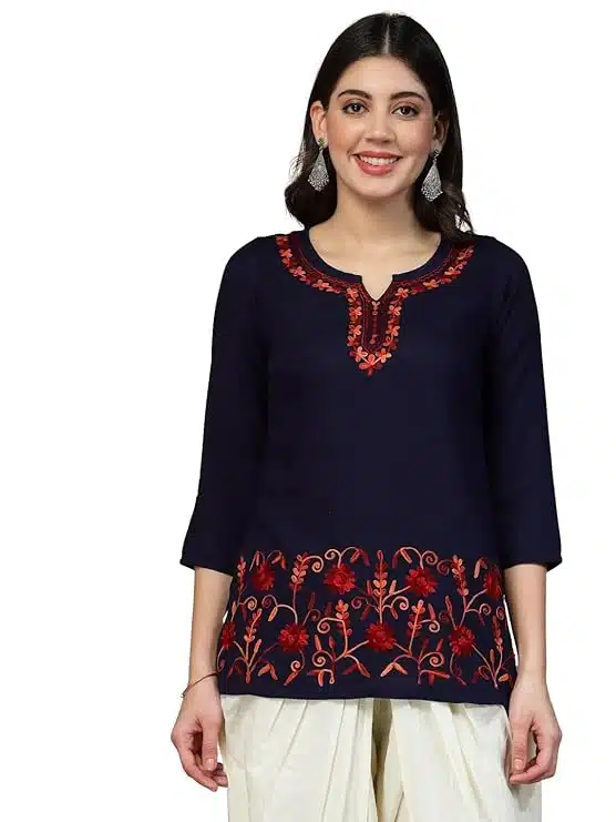 Women's Cotton Straight Embroidered Navy Blue Short Kurti