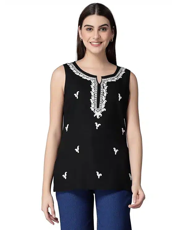 Ladies Laiba Kashmiri Embroidered Sleeveless Short Kurti