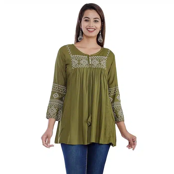 Women's Rayon Embroidered Regular Fit green color