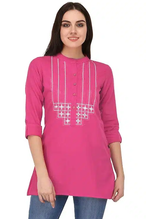 Pink decent Embroidered Cotton Short Top Kurti