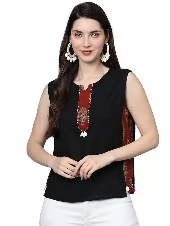 Women Rayon Sleeveless Black Color Short Crop Kurta for Girls & Women 