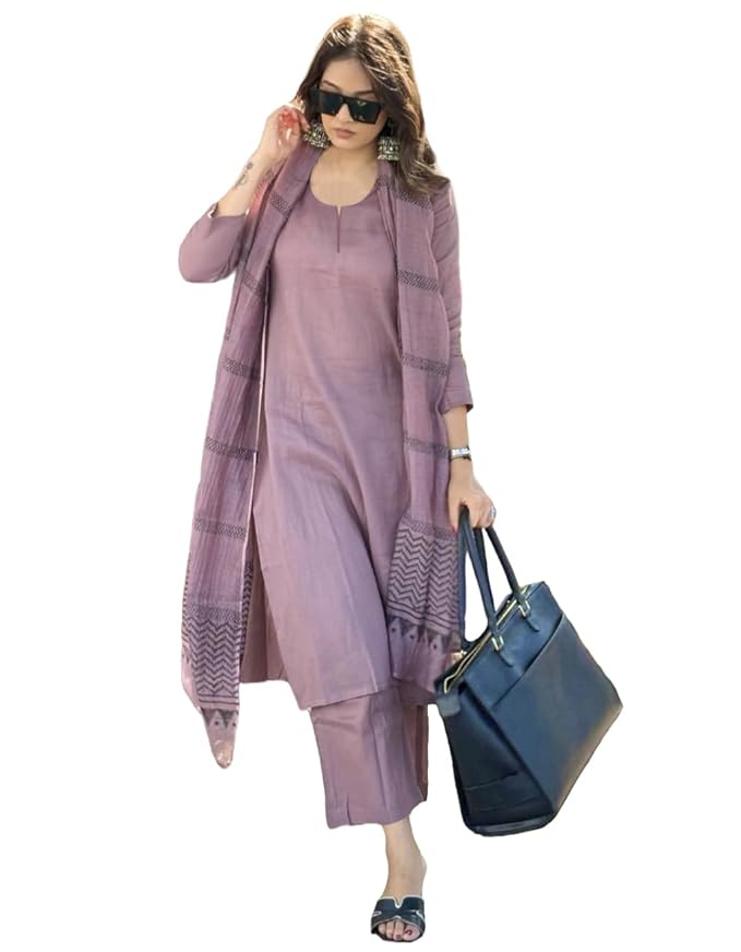 Women's Rayon Blend Straight Solid Kurta with Pant & Dupatta