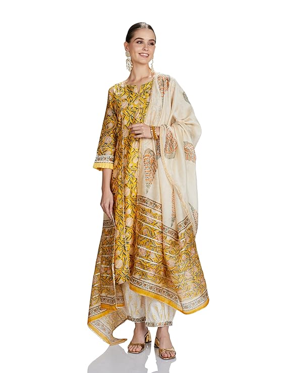 Women Silk Chanderi Handblock Printed Authentic Kurta Set with Dupatta (Sanganeri Print) - front